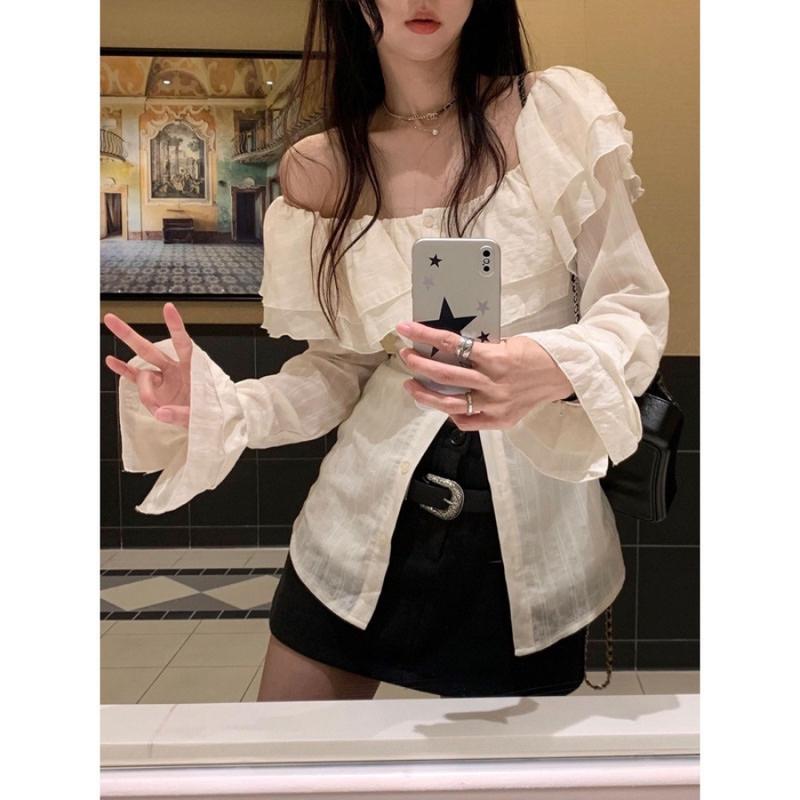 Áo trễ vai tay dài bẹt kiểu ôm bồng xẻ tà chất voan xốp trắng xinh VANISA CT047 Nữ Top 2