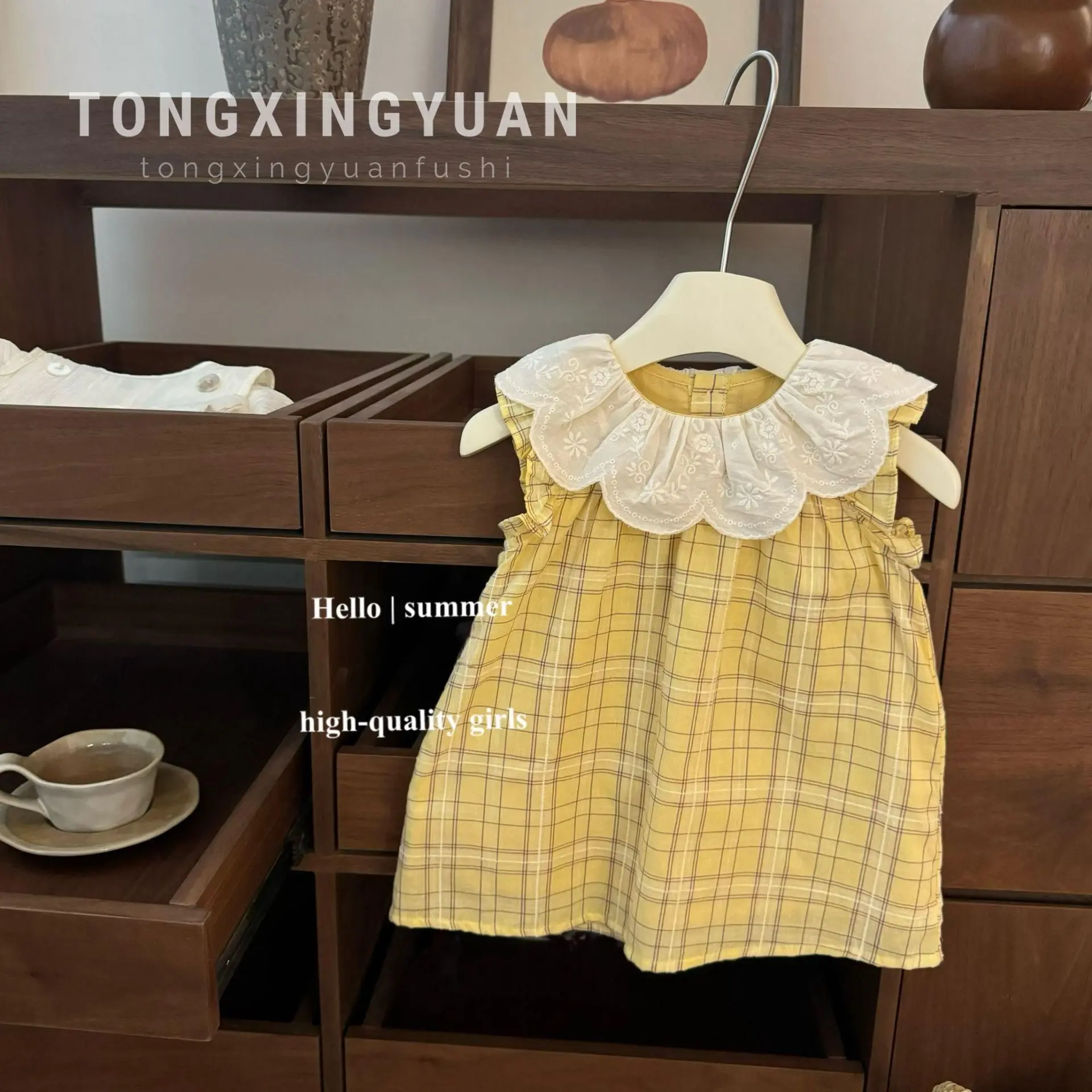 [Summer New] French Retro Yellow Plaid! Baby Girl Doll Collar Embroidered Dress with Flutter Sleeves Princess Dress