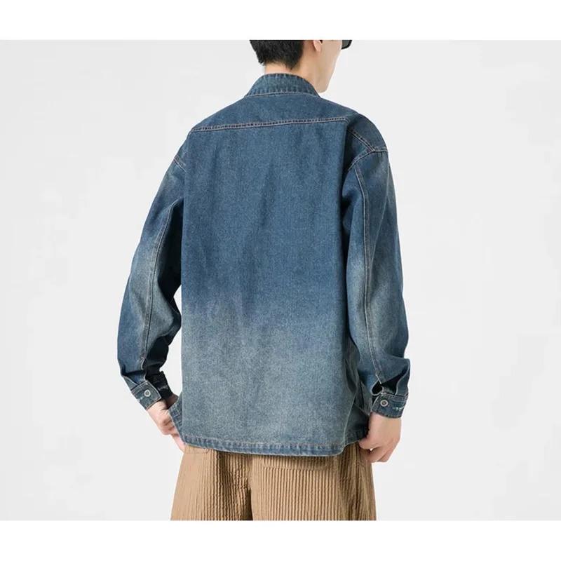 Retro Chinese Style Washed Denim Jacket For Men Spring Autumn Long Sleeved Stand Collar Top Fashion Vintage Ethnic Shirts Coat 3