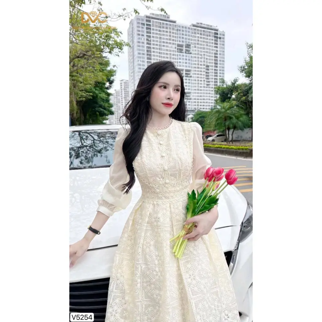 V5254 VÁY REN KEM CỔ REM TAY VOAN DÀI TIỂU THƯ - DVC CHÍNH HÃNG