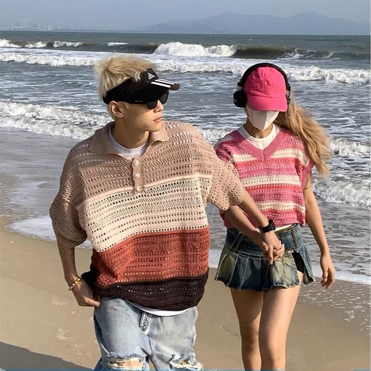 Áo Polo Croptop Dệt Kim Vải Mắt Lưới Dáng Rộng tay ngắn Thời Trang Mùa Hè 2023 Dành Cho Cả Nam Nữ