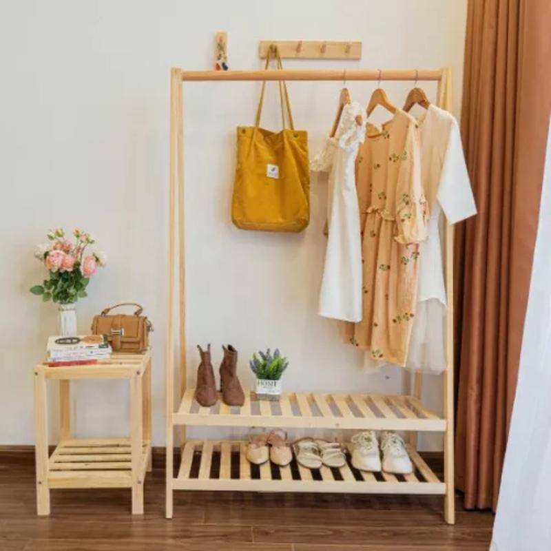 Kệ treo quần áo, giá treo quần áo 2 tầng gỗ thông