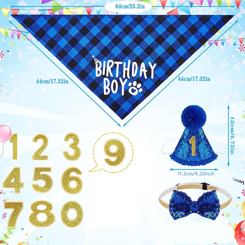 Dog Birthday Party Supplies, 1 Set Dog Birthday Hat & Bow Tie & Number & Bandana Set, Pet Birthday Party Decoration, Costume 1
