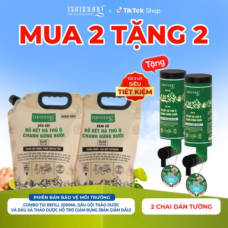 [MUA 2 TẶNG 2] (Sắp cháy hàng) Dầu gội thảo dược bồ kết NamNung và dầu xả thảo dược hỗ trợ giảm rụng giảm dầu, suôn mượt Túi refill siêu tiết kiệm nắp vặn 2 lít - TẶNG 2 chai dán tường Chăm sóc tóc Dưỡng tóc nữ