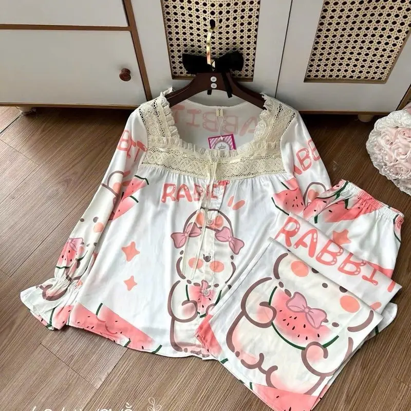 [40-60KG]Bộ Lụa Latin Tơ Tằm Cao Cấp TDQD Cổ Vuông Tiểu Thư Mix Ren In Full Họa Tiết 5D Queen Mềm Mát Mặc Nhà Cao Cấp VIP36 Women Nữ Áo Quần Ngủ  Top Cạp Cao Kem 8