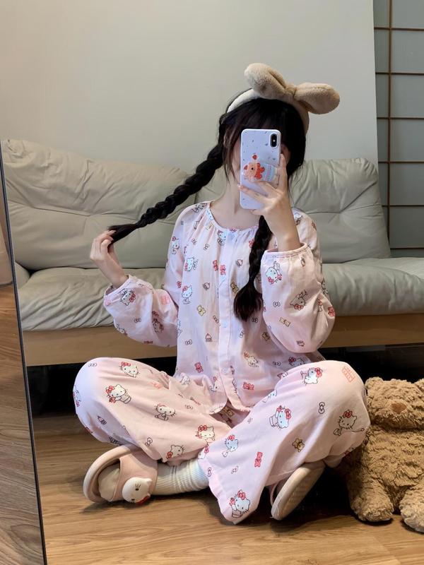 Bộ Đồ Ngủ Hello Kitty, Dành Cho Nữ, Thiết Kế Hoạt Hình Dễ Thương, PannoFluxus, Thích Hợp Cho Mùa Xuân Và Mùa Thu, Hàng Mới Về, Lý Tưởng Cho Sinh Viên Ký Túc Xá, Áo Dài Tay Và Quần Dài, Áo Mặc Bên Ngoài, Bộ Quần Áo Mặc Nhà 1