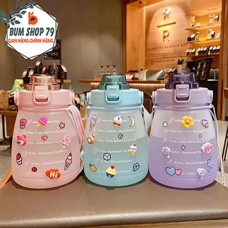 Bình nước cute có ống hút nhựa cao cấp dung tích 1300ml, Bình đựnġ nước có vòi 1,3 lít có chia vạch tiện lợi an toàn 0