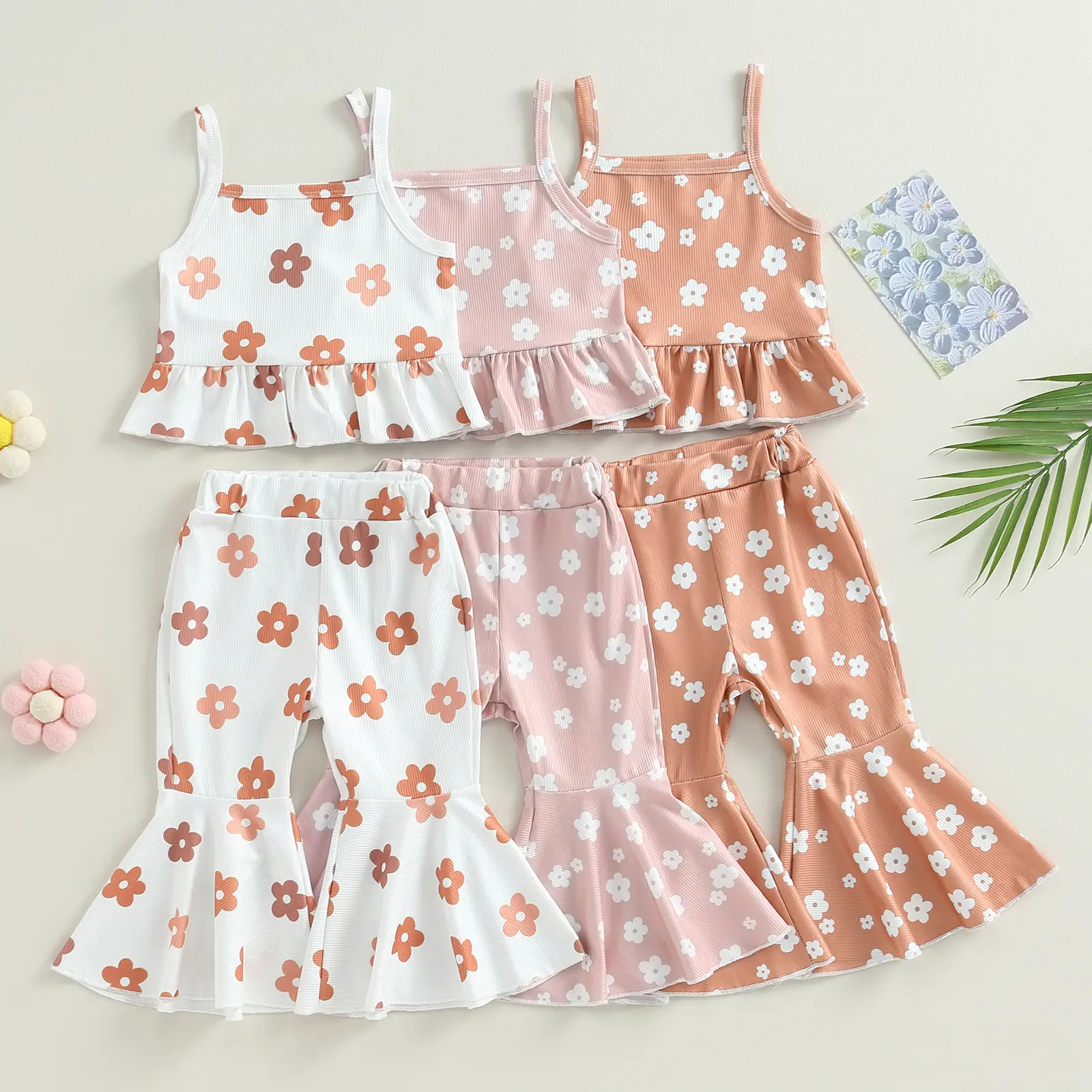 Toddler Girls 2PCS Pants Sets Sleeveless Cami Tops Floral Flared Pants Sets Summer Outfits  Age: 6-24 Months 2-4 Years