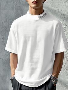 Men's Regular Fit Solid Color  Letter Print Short Sleeve Tee, High Stretch Casual Comfy Mock Neck T-shirt for Summer, Fashion Men's Top for Daily Wear