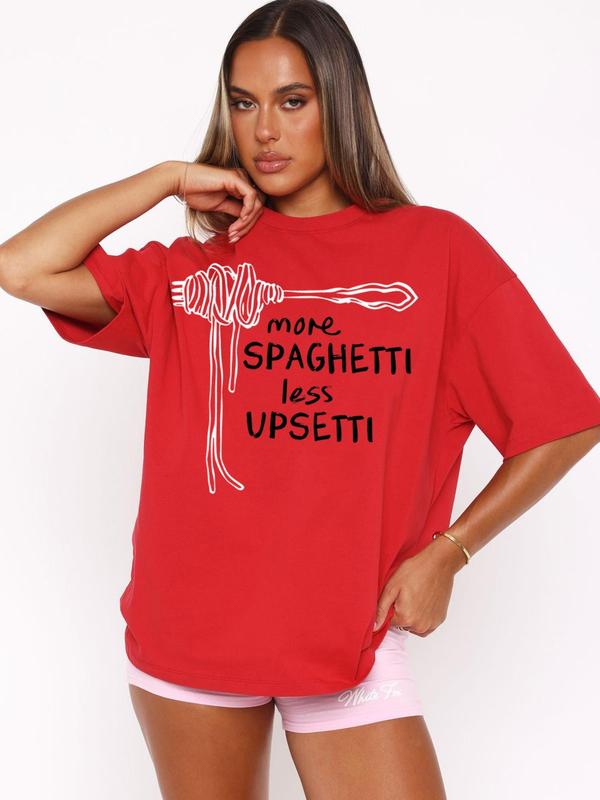 Women's Letter & Spaghetti Print Round Neck Tee, Casual Slogan Graphic Short Sleeve T-Shirt for Summer, Ladies Clothes for Daily Wear, Top 6