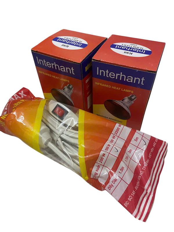 2 bóng đèn Hồng ngoại sưởi ấm vật nuôi 45w ít hao điện +1 bộ dây điẹn có phích cắm liền đui đèn và công tắc, dây dài 5m dùng trong chăn nuôi sưởi ẩm gà mùa mưa mùa lạnh