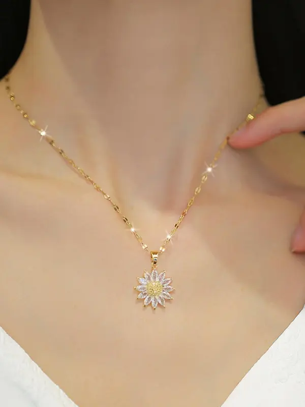 Sunflower Design Pendant Necklace for Women & Girls,  Luxury Stainless Steel Jewelry for Party, Daily Clothing Decor, Trendy All-match & Exquisite Jewelry for Birthday Gift 2