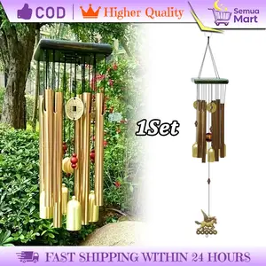 Gantungan Lonceng Angin Besar 8 Tabung Alumunium Kayu Solid, Hiasan Koin Perunggu Fan Fengshui Retro