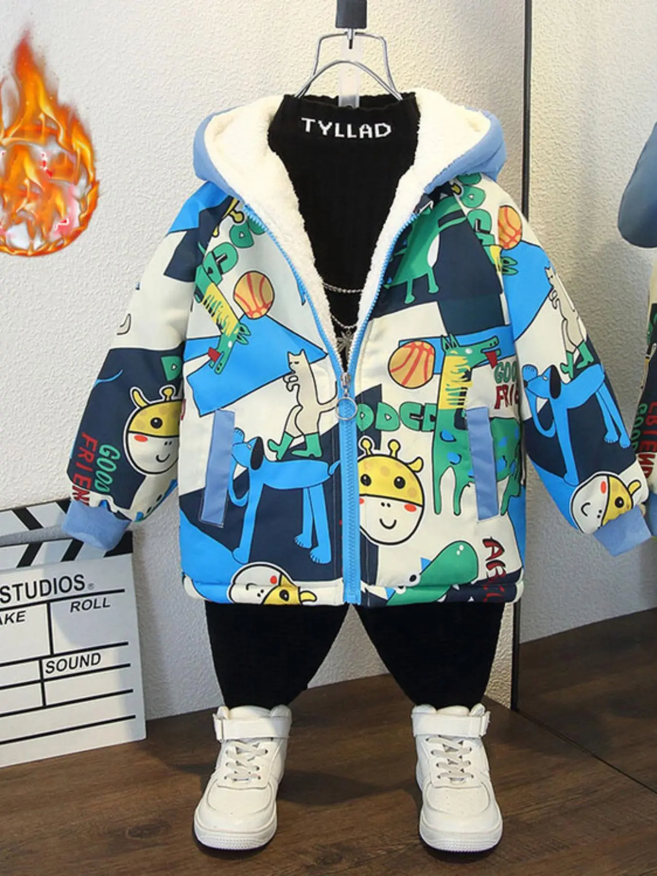 Unisex Cartoon Print Zip Up Hooded Coat, Casual Long Sleeve Pocket Thermal Lined Outerwear for Fall & Winter, Kids Clothes for Daily Wear
