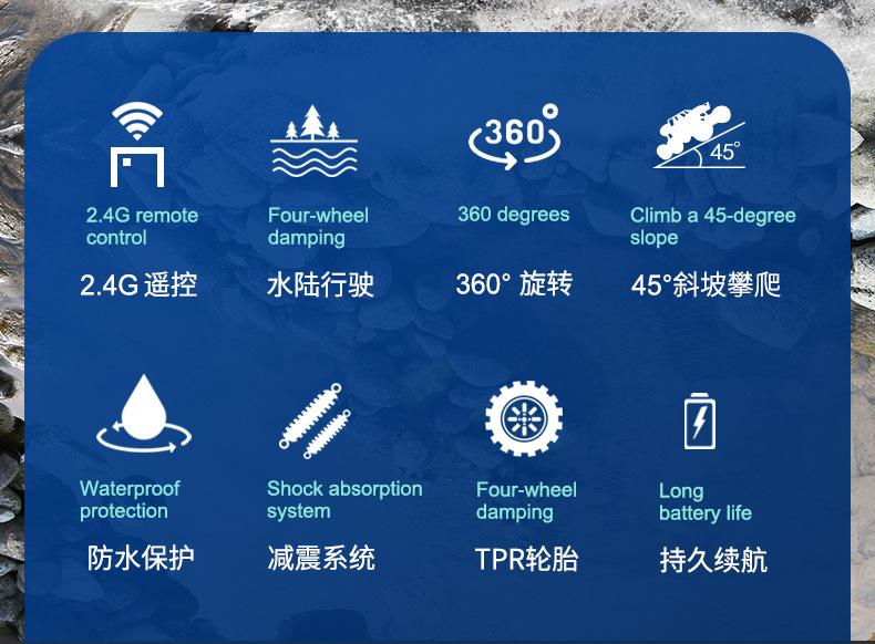 Product Introduction of RC remote control car toys, amphibious off - road climbing vehicles, shock - absorbing system, waterproof, TPR tires, long - lasting battery life, children's toy racing car gifts crawler 1