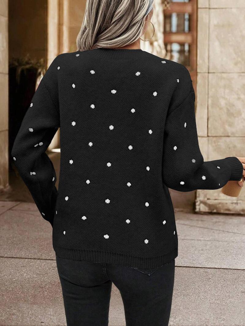 Product Introduction of Women's Polka Dot Print Drop Shoulder Longsleeves Crewneck Sweater, Long Sleeve Round Neck Jumper for Fall & Winter, Fashion Ladies' Knitwear for Daily Wear, Comfort Lady Tops, Casual Womenswear,  Modest Outfits 14