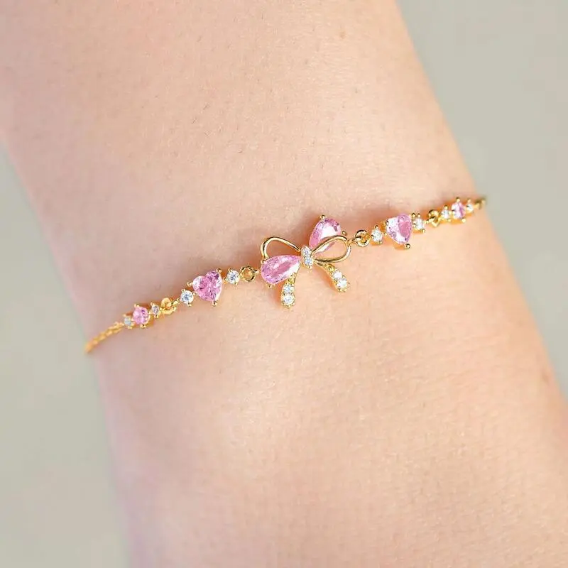 2025 Sweet Style Gold And Sier Plated Jewellery Woman Heart Zircon Bowknot Bracelet For Girls Jewelry Mothers Day Gift