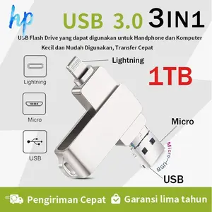3 in 1 OTG Flashdis USB3.0 1TB/128GB/512GB/32GB/64GB Flashdisk Penyimpanan Data, Flash Drive, Pen Drive Logam untuk IP/Android/PC [Lightning+Micro+USB] Storage Komputer