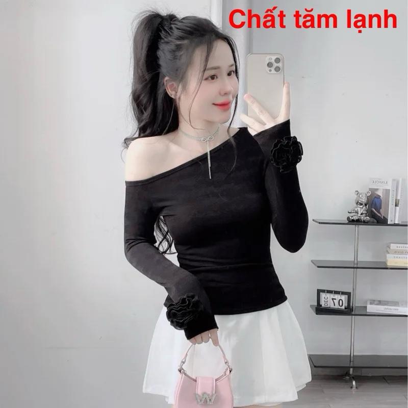 Siu phẩm . Áo bassic tay dài đính hoa sỏ ngón tay bigsize chất tăm xịn ( bigsize :40-90kg ) Cổ Tròn Women Top Nữ 7