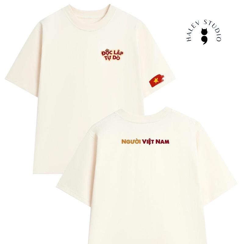 Áo thun Unisex form rộng nam nữ in hình Độc Lập Tự Do Ấm No Hạnh Phúc phong cách Crayon dễ thương Cổ Tròn Menswear