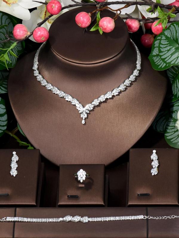 Women's Elegant Rhinestone Decor Jewelry Set, 5pcs/set Exquisite Trendy Chain Necklace & Earrings & Bracelet & Ring, Fashionable Luxury Jewelry Set for Party Decoration 6