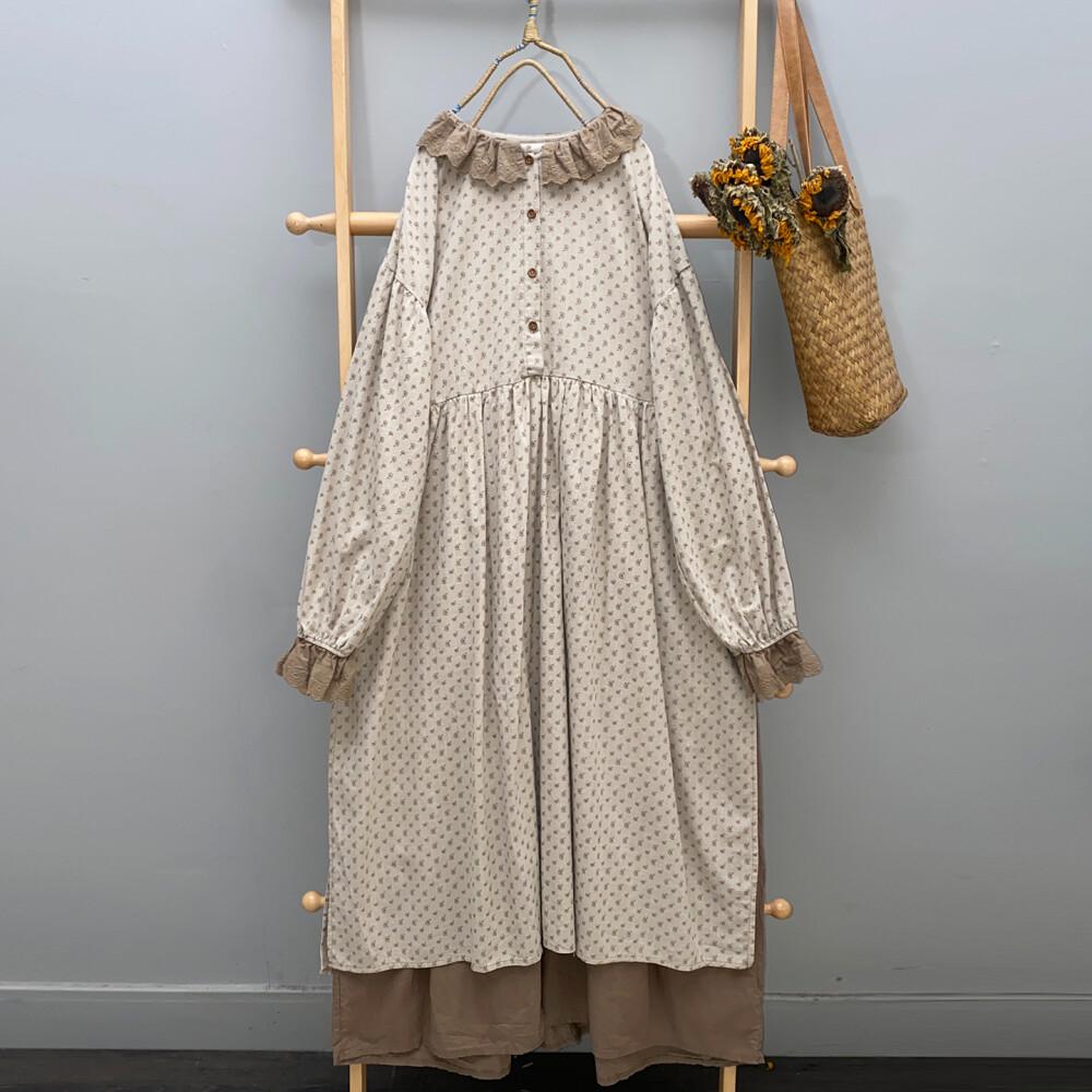 CHICMORE Gaun Manis Kerah Setengah Terbuka Bermotif Bunga Lengan Panjang