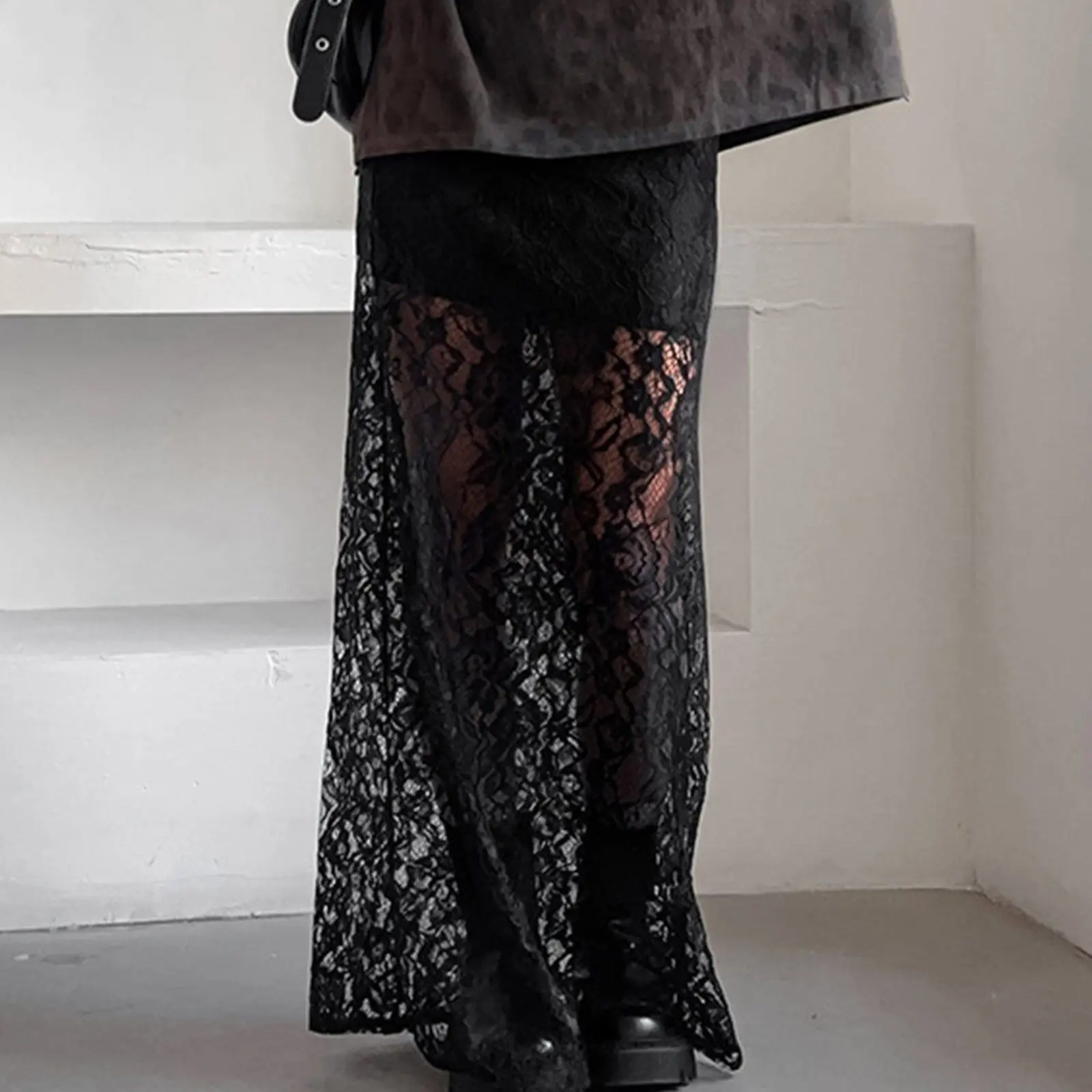 Women's Lace Long Skirts Elegant Low Waist Solid Color See-Through Midi SkirtsFit Skirts