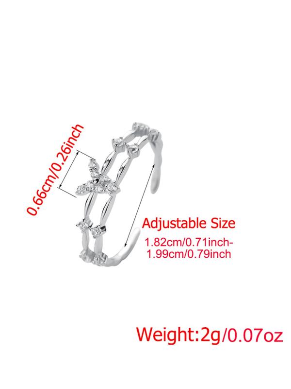 Women's Double-layered Artificial Zircon & Butterfly Design Adjustable Ring Without Box, Elegant Fashion Accessories for Women & Girls Party Wedding Gift 1