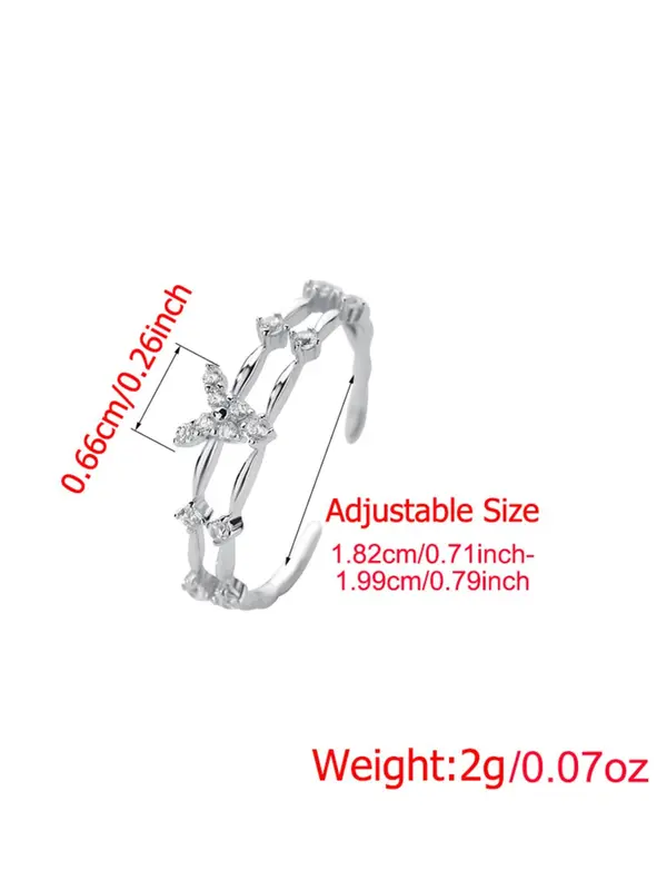 Women's Double-layered Artificial Zircon & Butterfly Design Adjustable Ring Without Box, Elegant Fashion Accessories for Women & Girls Party Wedding Gift 1