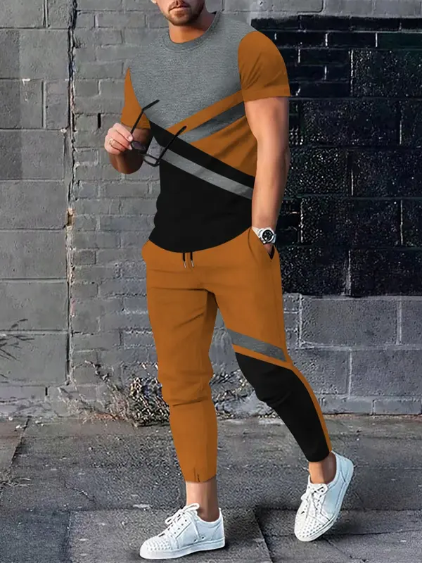Two-Piece Set Men's Colorblock Print Round Neck Tee & Drawstring Waist Pants, Regular Fit Short Sleeve T-shirt & Pocket Trousers, Men's Clothes for Daily Wear, Menswear 0