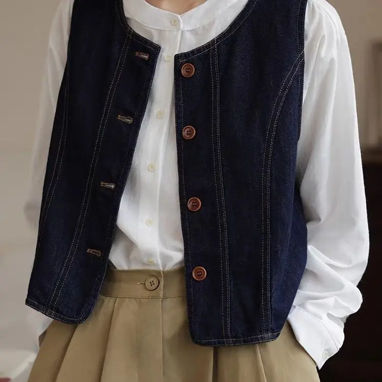 Áo Vest Denim, Phong Cách Cổ Điển Nhật Bản, Phong Cách Hàn Quốc Mới, Bộ Sưu Tập Xuân Thu 2024, Thiết Kế Nhỏ Và Thời Trang, Áo Ghi Lê