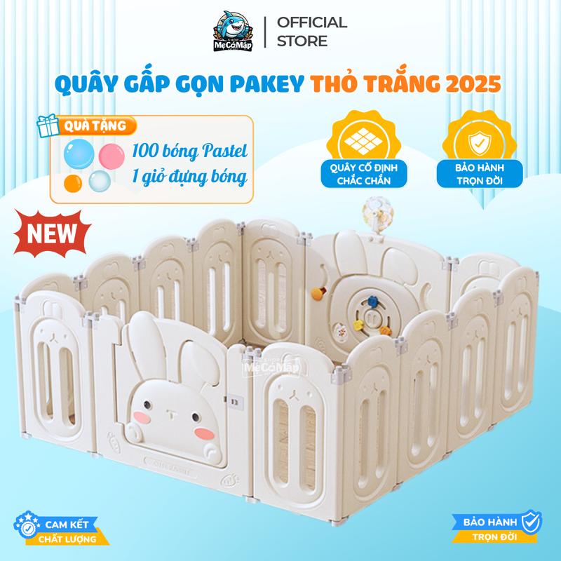 [ĐA KHO] Quây cũi nhựa gấp gọn Pakey Thỏ Trắng 2025, TẶNG Đồ Chơi 100 bóng và giỏ đựng bóng cho bé