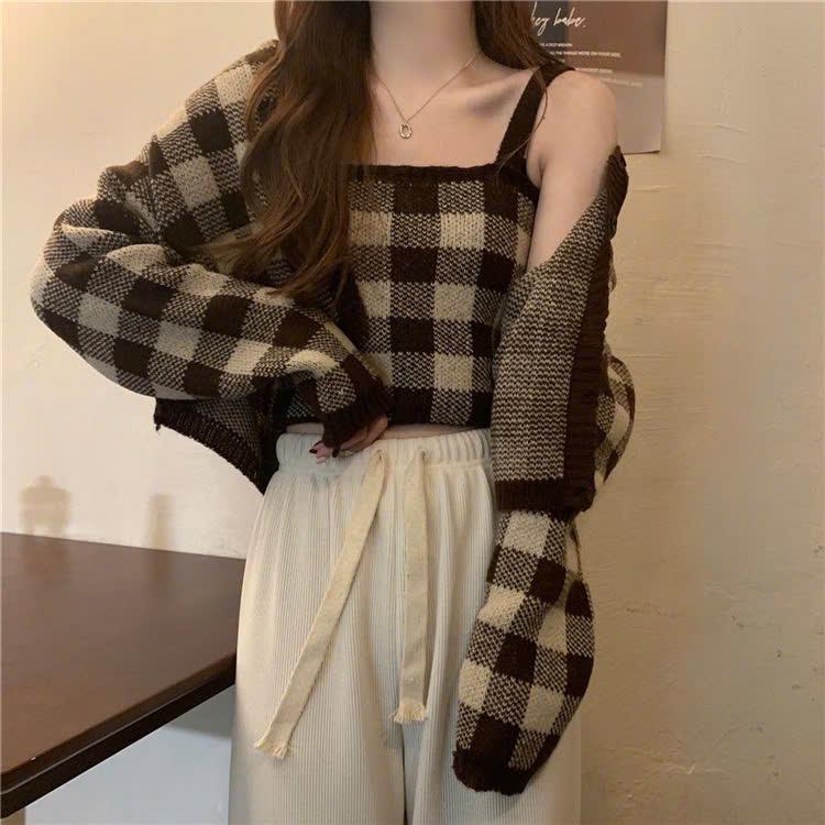 (KÈM ÁO 2 DÂY) Set Áo len kiểu nữ chất dệt kim khoác cardigan họa tiết kẻ ô vuông 3 màu thu đông Hàn Quốc Kozoda AL463 Women Kem