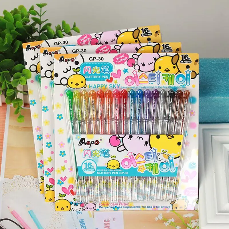 【COD】AIGD 16PCS/0.5mm/PULPEN GEL GLITTER LUCU IMUT pulpen  jumbo pensil  12b tipe  x Tinta Stationery Pena Transparan