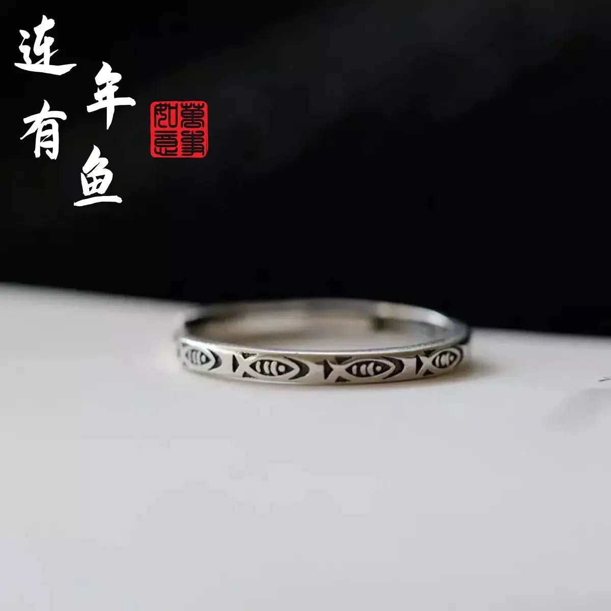 Nhẫn cá nhân hàng năm bằng bạc Thái cổ điển cho phụ nữ Đơn giản dễ thương Cá nhỏ có thể điều chỉnh vòng mở cho bé gái