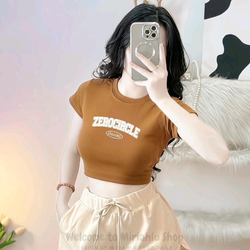Áo Thun Croptop Borip Ôm Body Nữ Form Basic In Chữ Zero Circle, Women Voi Cổ Tròn Voan Trắng Dáng Ngắn 4