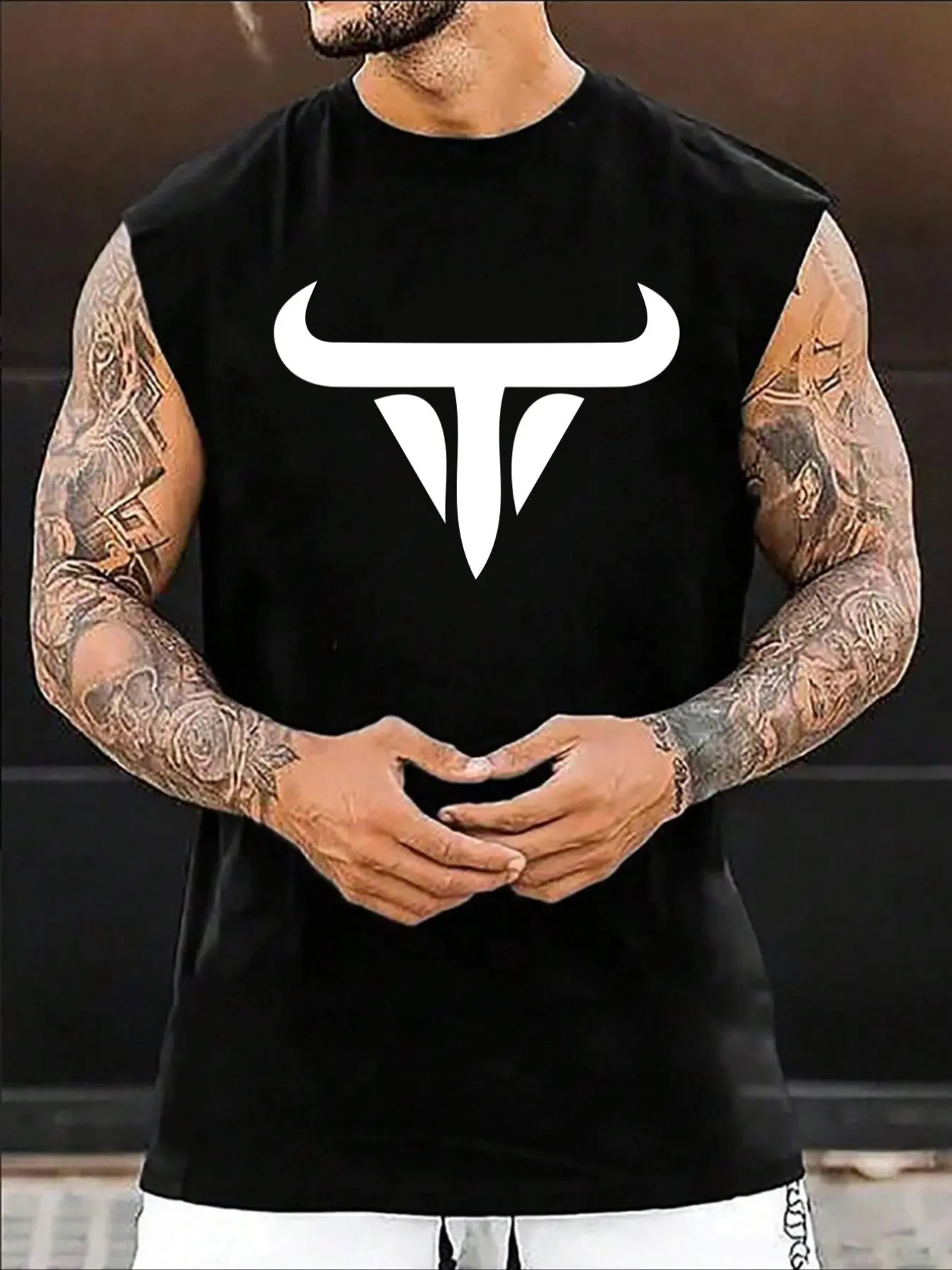 Men's Bull Head Print Round Neck Tank Top, Regular Fit Casual Sleeveless Crew Neck Top for Summer, Fashion Men's Clothes for Gym Workout Running
