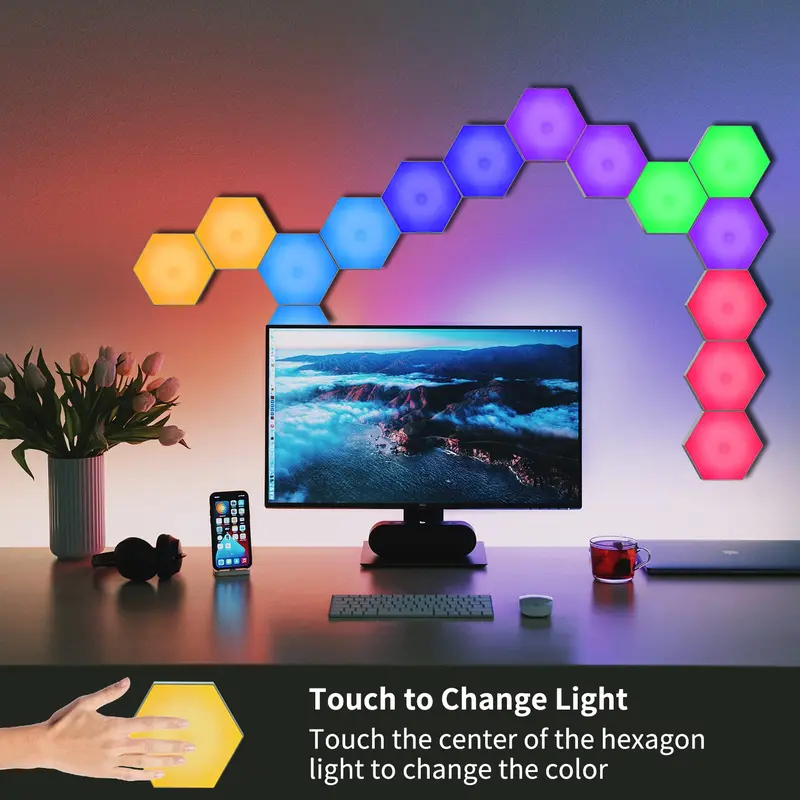 LED RGB Hexagon Wall Light, 6 Counts USB Powered Wall Light with 18 Colors, Wall Lamp with Battery Powered Remote Control (Battery Not Included) 4
