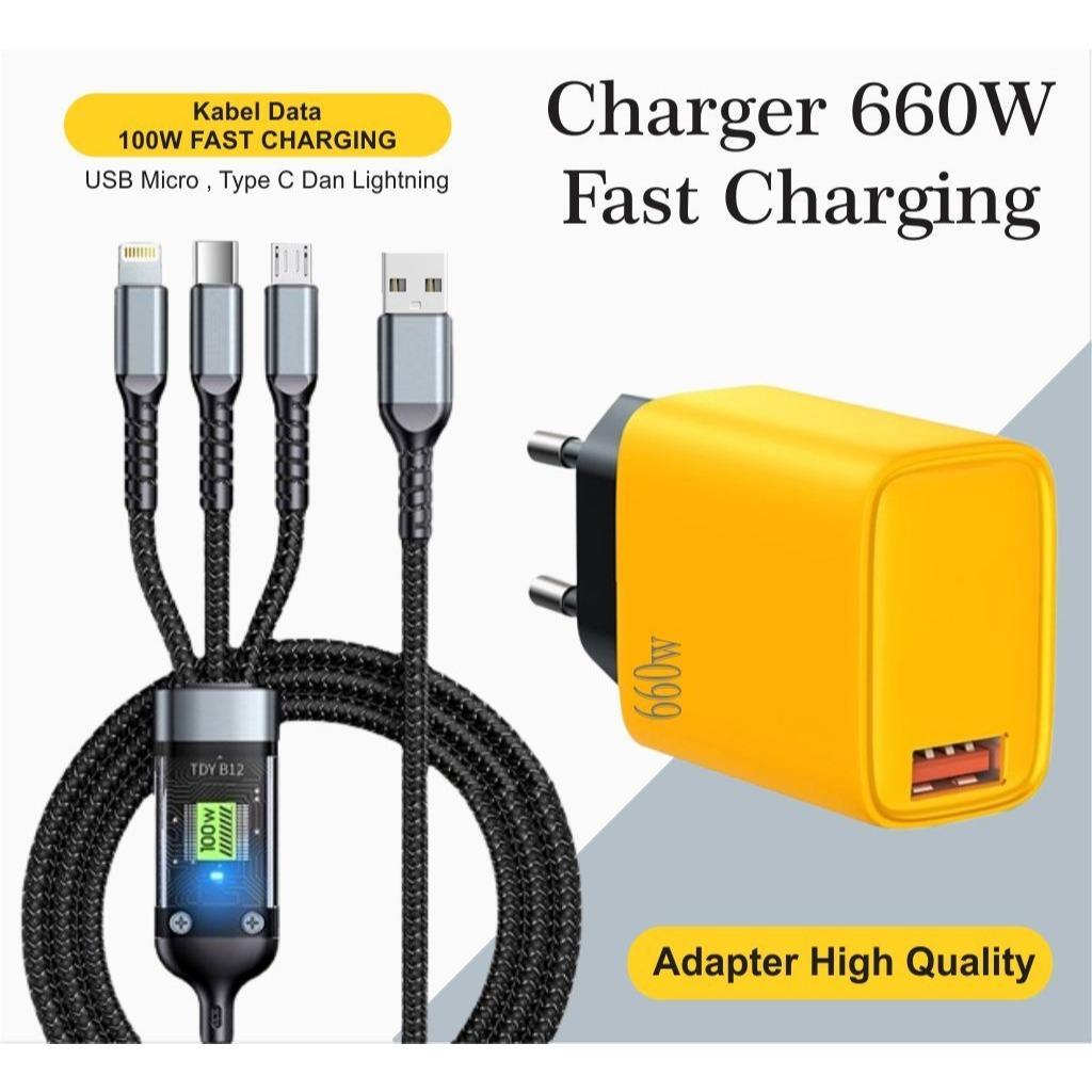 Charger 660W Batok 131 + Kabel Data 3in1 100W Fast ChargingUSB Micro, Type C, Lightning Best Quality