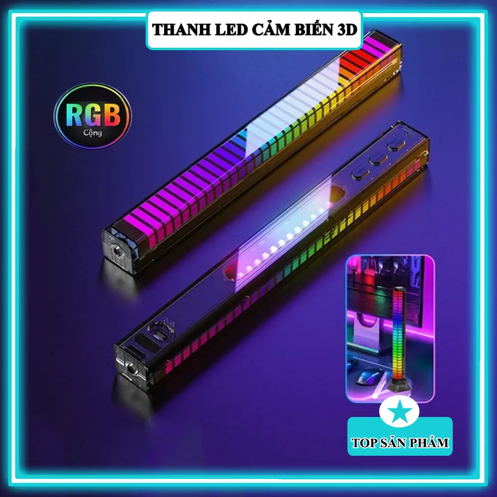 Thanh đèn LED RGB 3D nháy theo nhạc 8 chế độ 16 triệu màu, trang trí bàn, decor phòng, để taplo xe hơi, dercor máy tính