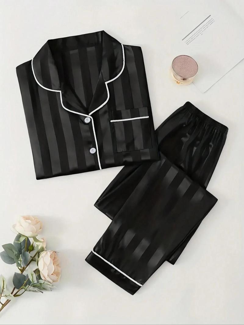 Product Introduction of Women's Striped Print Satin Pyjama Set, Button Front Short Sleeve Top & Elastic Waist Pants Pyjama Set, Casual Comfortable Sleepwear Set for Women 1