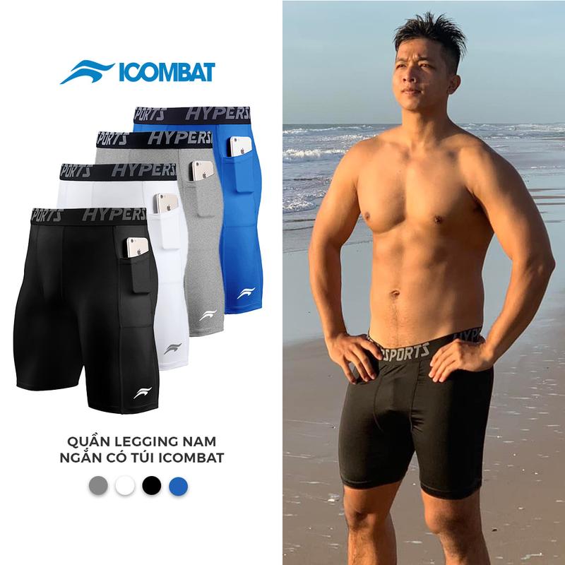 Quần legging thể thao nam ngắn có túi iCOMBAT Coolmax chuyên GYM - quần bó nam giữ nhiệt fitness yoga Sport Tập Thể Dục Tập Gym