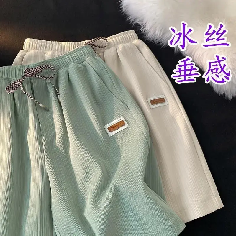 Quần Soóc Đi Chơi Chất Liệu Lụa Lạnh Dành Cho Nam Giới, Mỏng Và Rộng, Thích Hợp Cho Mùa Hè, Phong Cách Draping Hợp Xu hướng, Thêu, Quần Soóc Ống Đứng, Hàng Mới Về, 2022