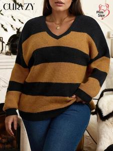 CURVZY Plus Size Autumn Aesthetic Striped Print Drop Shoulder Sweater, Casual Long Sleeve V Neck Jumper for Fall & Winter, Women's Clothing for Daily Wear