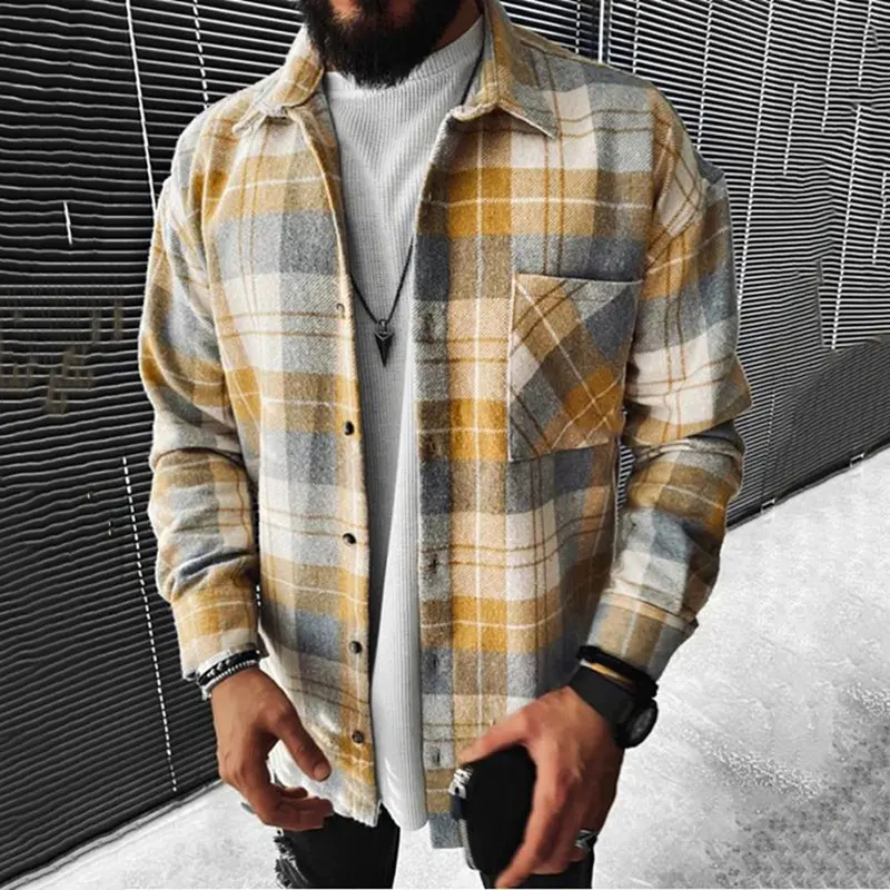 Cross-Border European and American New 2025 Spring and Autumn Long Sleeve Blue and White Plaid Long Sleeve Shirt Casual Stand Collar Pocket Shirt for Men Menswear Top Checked Wetsuit 1