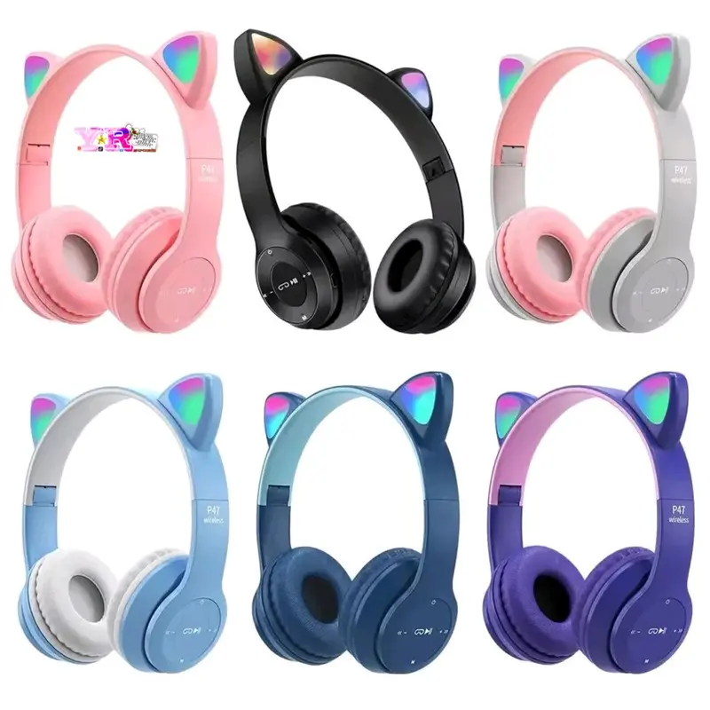 Termurah Headphone Bluetooth P47M RGB LED / Cute Cat Ear Wireless Audio Stereo Super Bass headset bando model kelinci Peredam Kebisingan 6