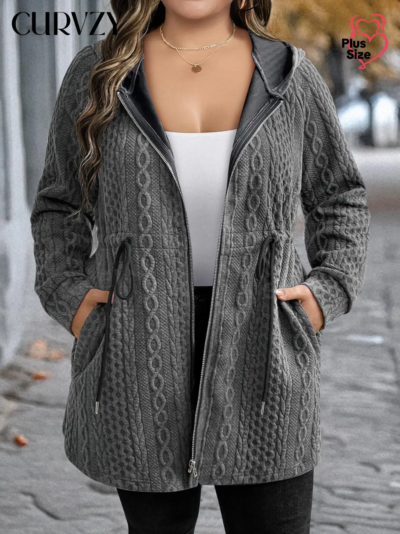 CURVZY Plus Size Solid Drawstring Zip Up Hooded Jacket, Casual Long Sleeve Pocket Zipper Outerwear for Spring & Fall, Women's Clothes for Daily Wear, Fall & Winter Clothes
