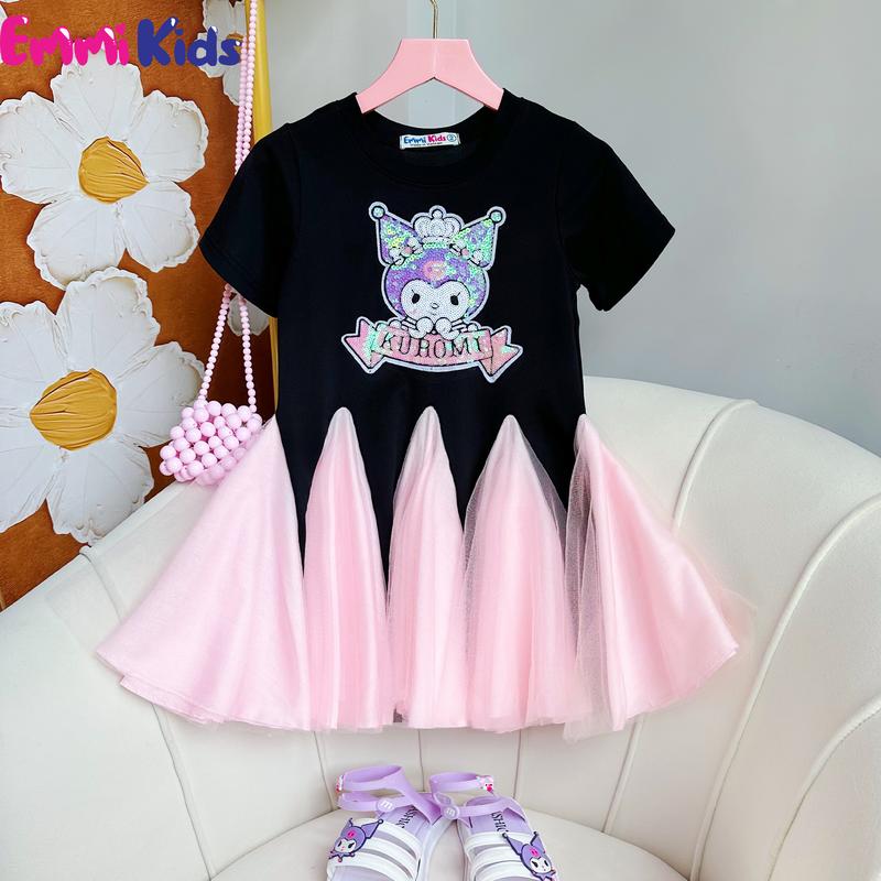 B47 - EMMIKIDS Váy Kuromi Cho Bé Gái Nhún Đuôi Cá Chất Thun Polo Phối Voan Mềm Màu Hồng/ Đen (10-39kg) Váy Chữ A dam xinh chobe vay tetcho