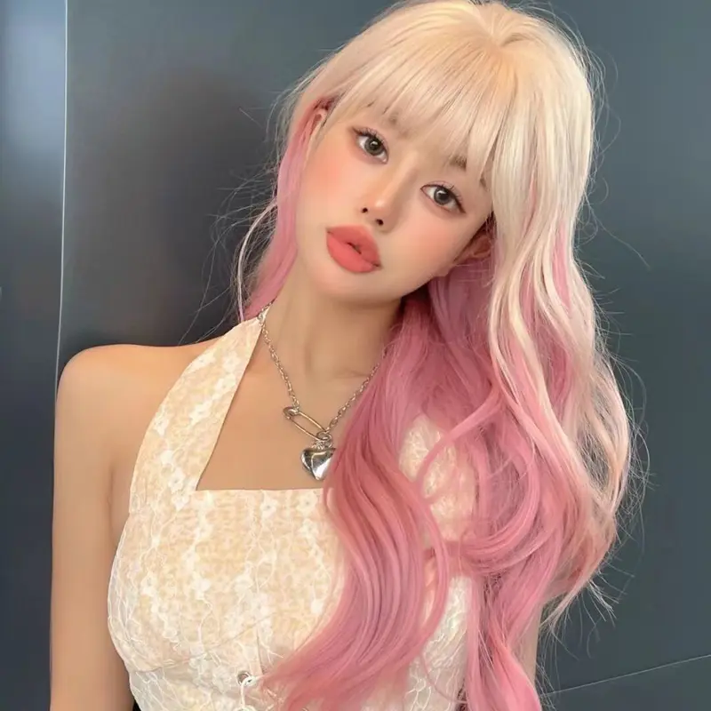 Tóc Giả Nguyên Đầu Ombre Xoăn Dợn Khói Hồng Women Wig Women Wig 3