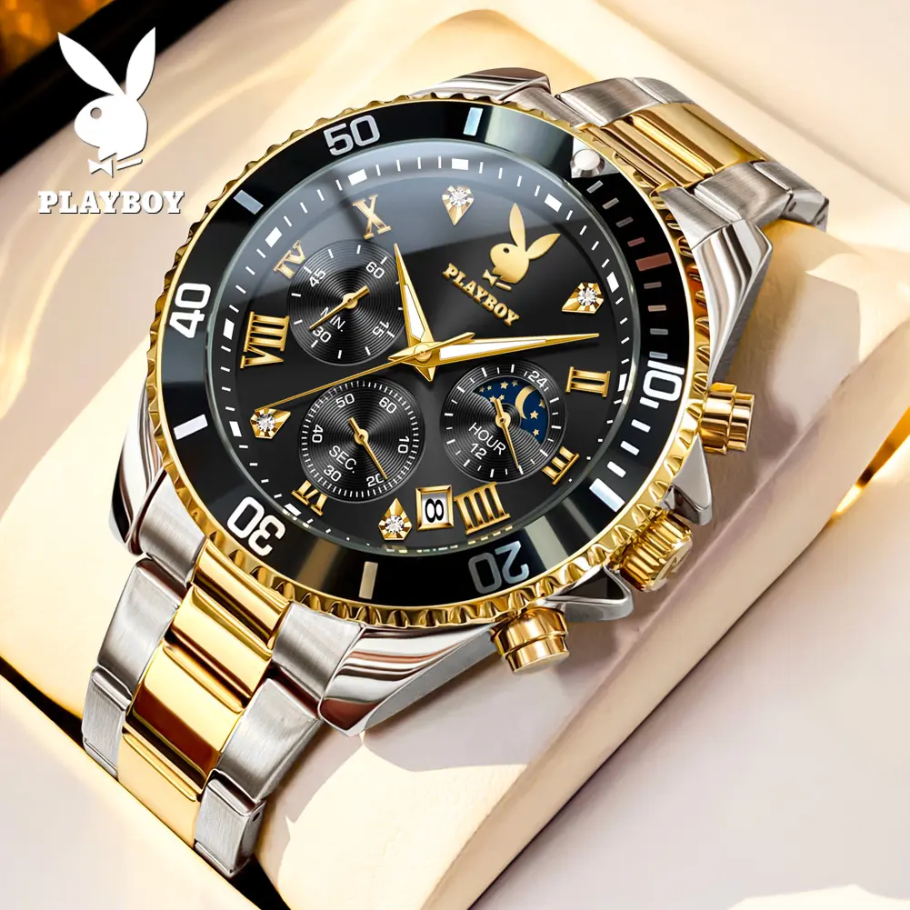 PLAYBOY [100%ของแท้] นาฬิกาใหม่ของผู้ชายควอตซ์กันน้ำมัลติฟังก์ชั่นสแตนเลสวัสดุทนทานการออกแบบดวงอาทิตย์และดวงจันทร์3506